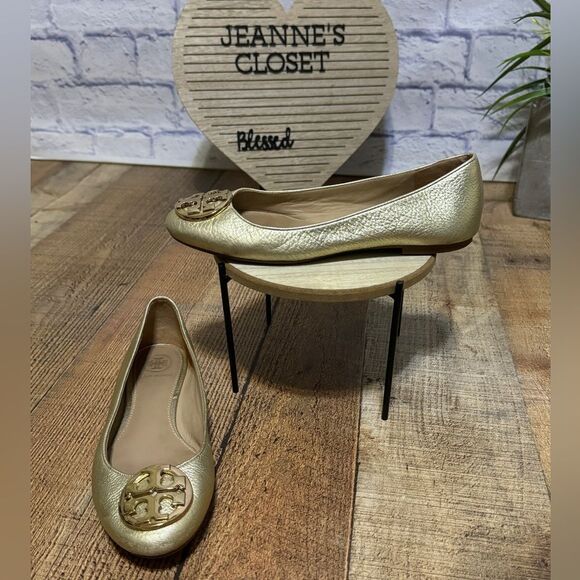 Tory Burch - Claire Metallic Tumbled Leather Ballet Flats Spark Gold 5.5 - Picture 4 of 14